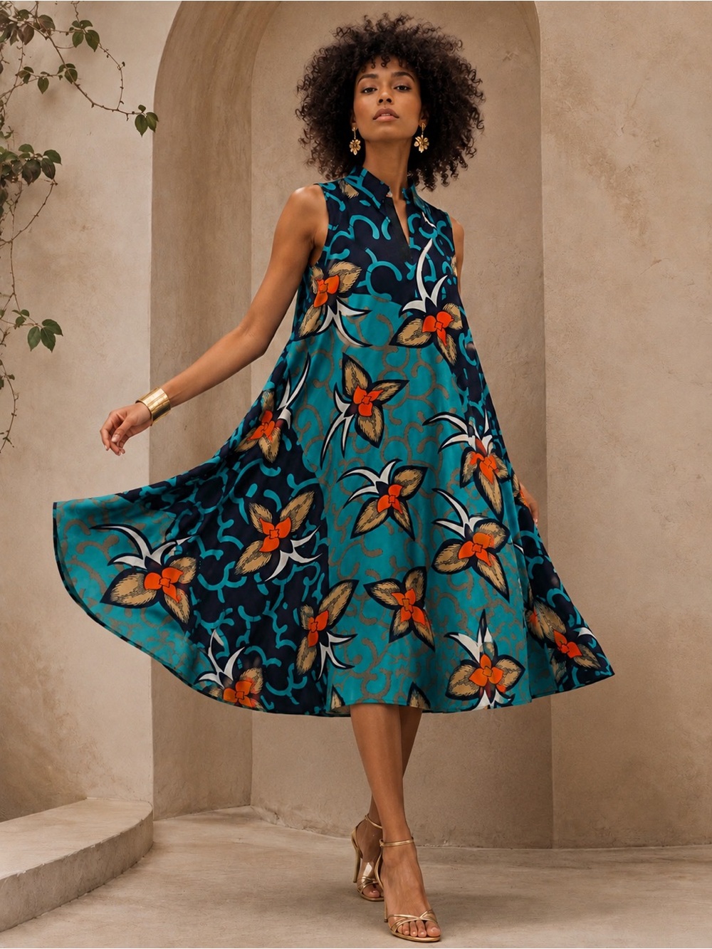 MAE OTTI Sleeveless Midi Dress w/ Sash Belt, Teal & Orange Floral Ethnic Design